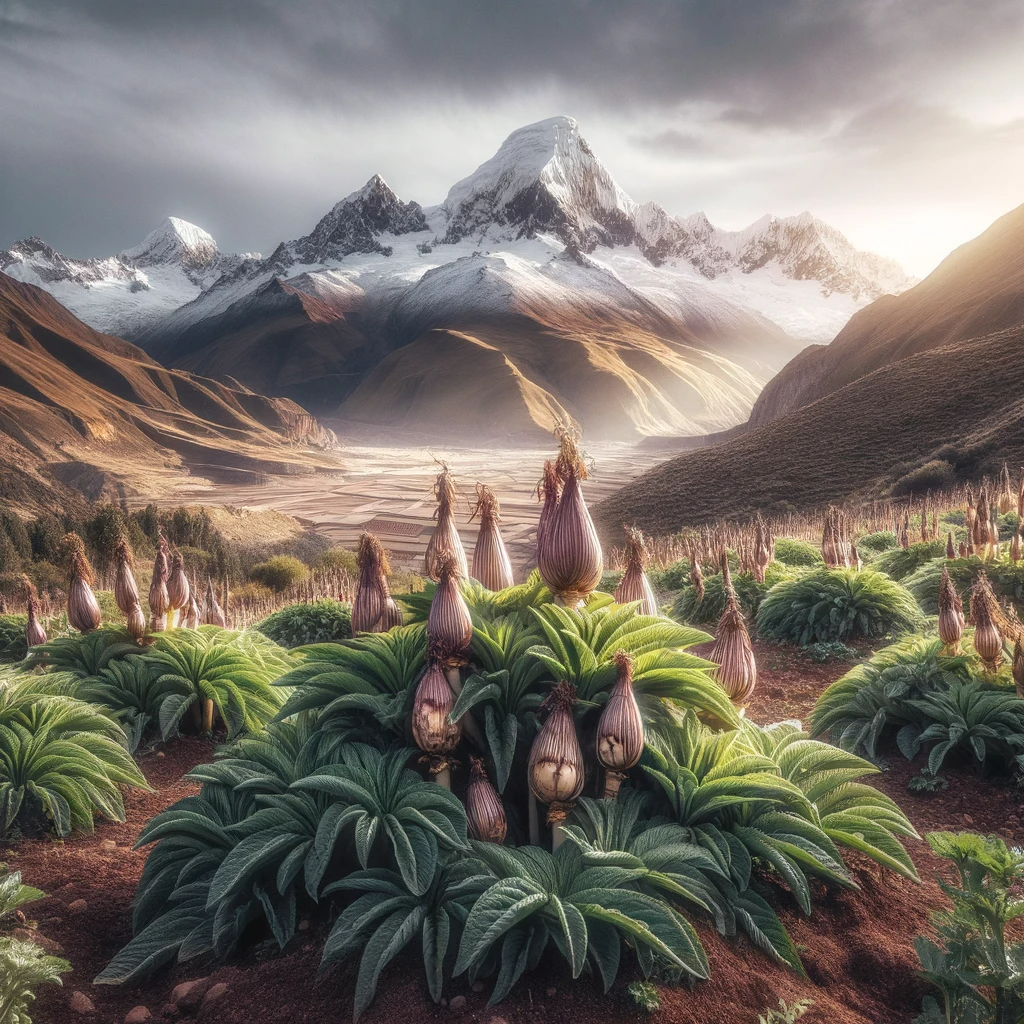 Champ de maca dans les Andes péruviennes, illustrant l'origine historique de la plante aux bienfaits puissants.