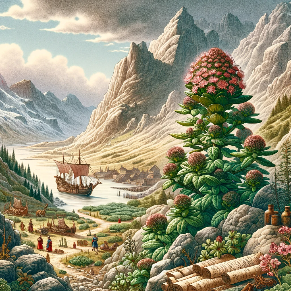 Illustration historique de Rhodiola rosea dans un paysage montagneux, avec des éléments symbolisant son utilisation par les Vikings et dans la médecine traditionnelle chinoise