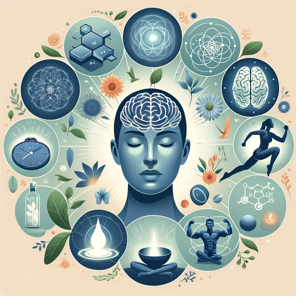 Illustration représentant les bienfaits de la Rhodiola rosea pour la santé, notamment le soulagement du stress, l'amélioration cognitive et l'endurance physique, à travers des symboles visuels comme un visage serein, un cerveau lumineux et une silhouette athlétique