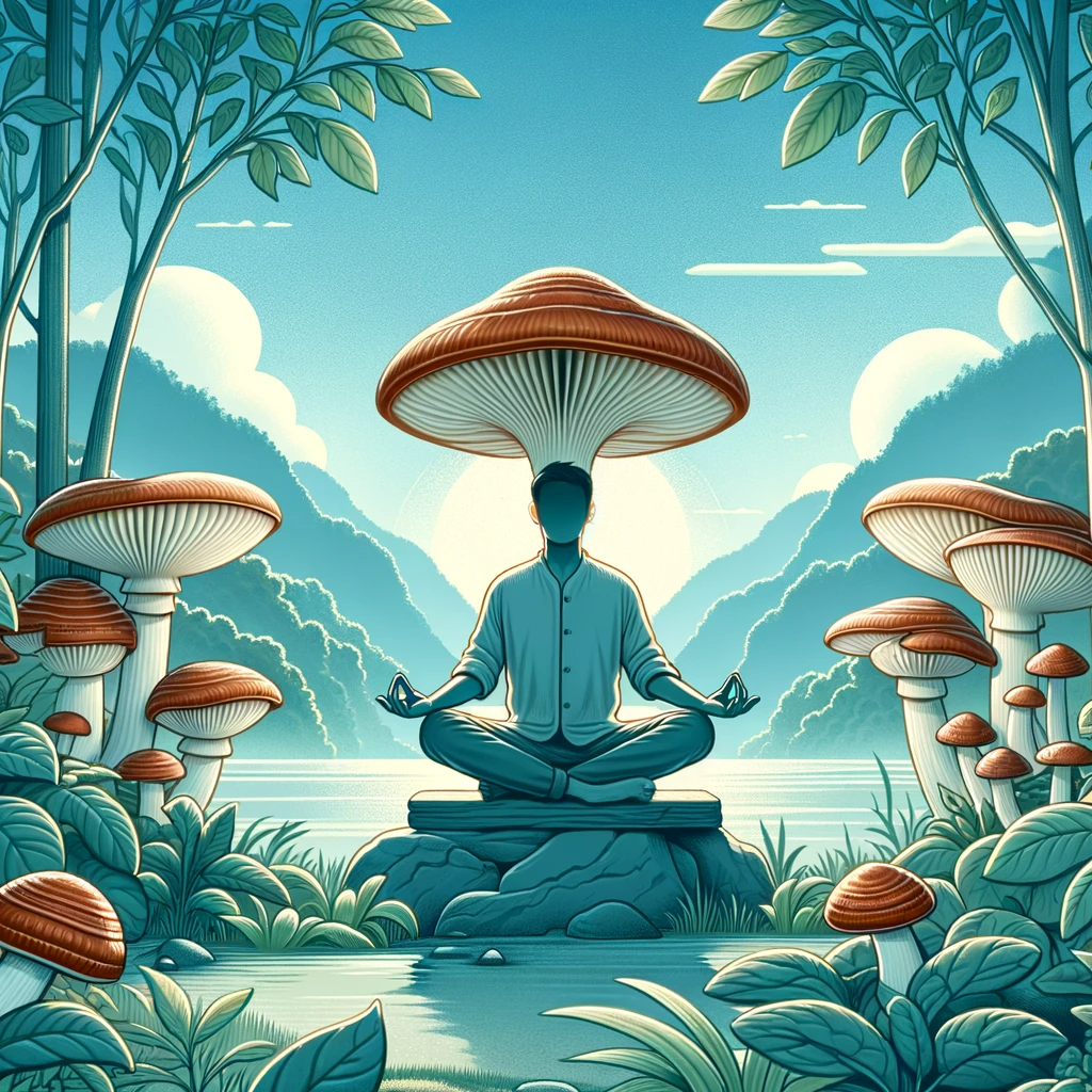 Méditation en nature, symbolisant les bienfaits mentaux du Reishi.