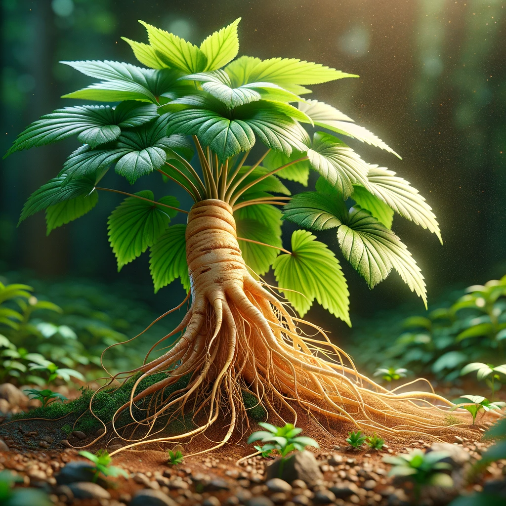 Plante de ginseng avec racines et feuilles, dans son environnement forestier asiatique