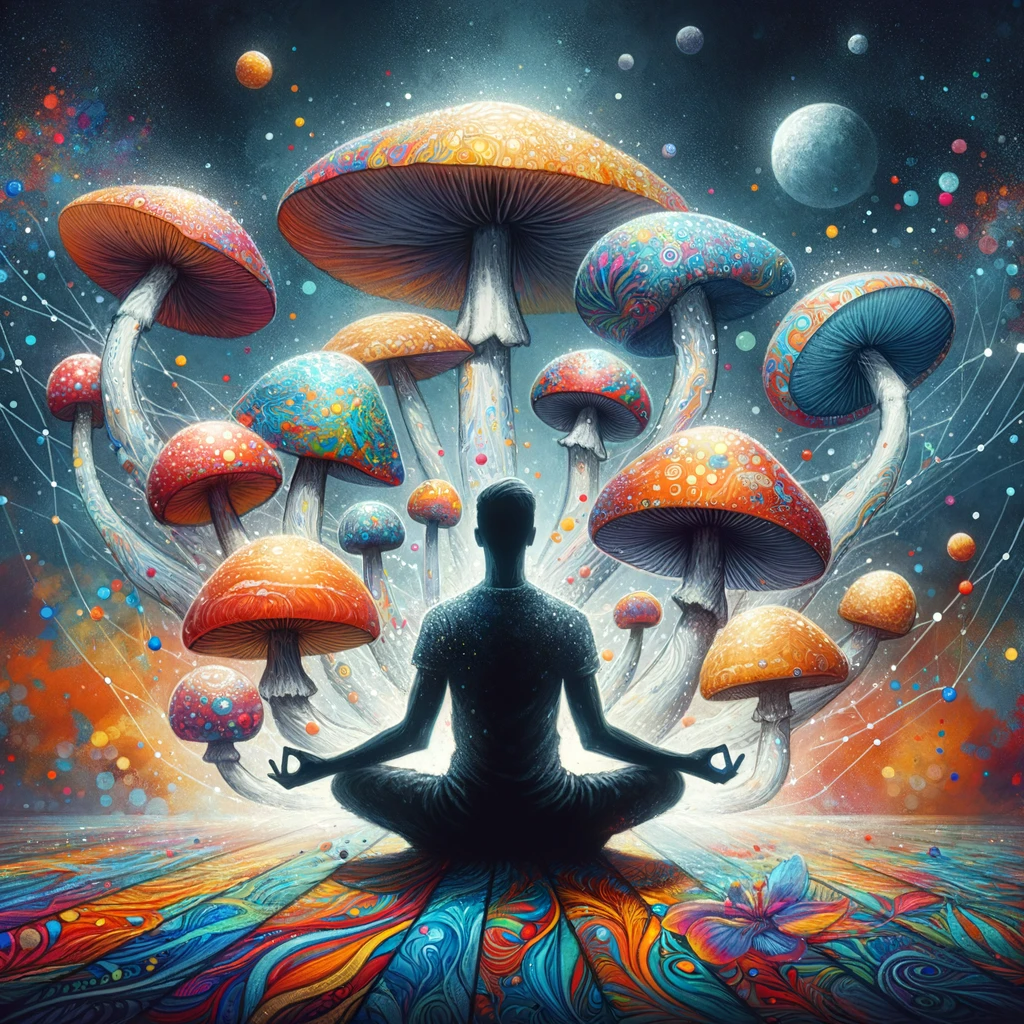 Personne en méditation entourée de champignons psychédéliques