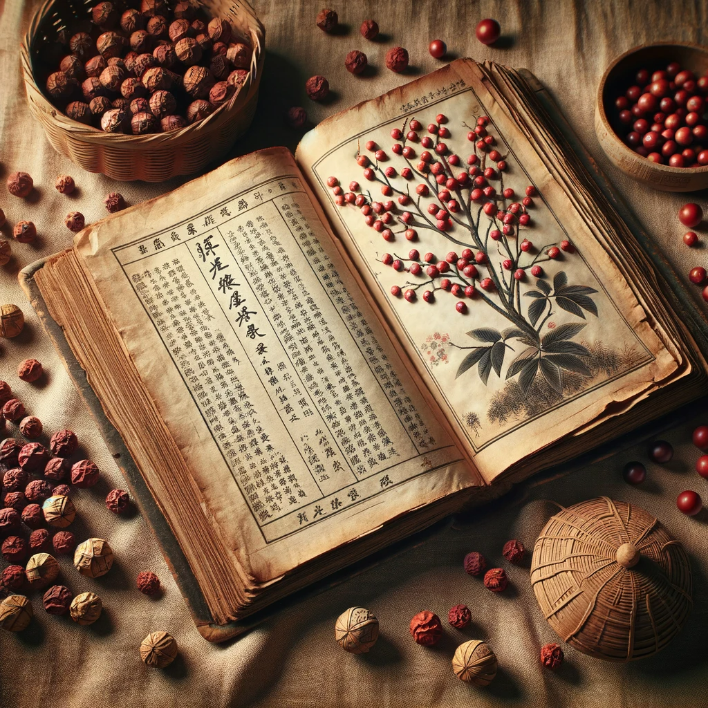 Livre ancien de médecine traditionnelle chinoise avec des baies de Schisandra