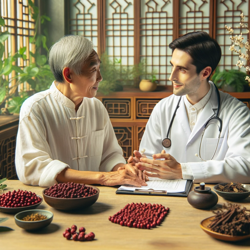 Montage de baies de Schisandra, livre ancien, laboratoire scientifique, et consultation en médecine traditionnelle chinoise