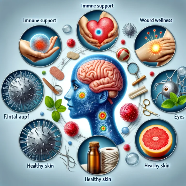 Un collage représentant le soutien immunitaire, la cicatrisation des plaies, le bien-être mental, et la santé de la peau et des yeux, tous liés par le zinc