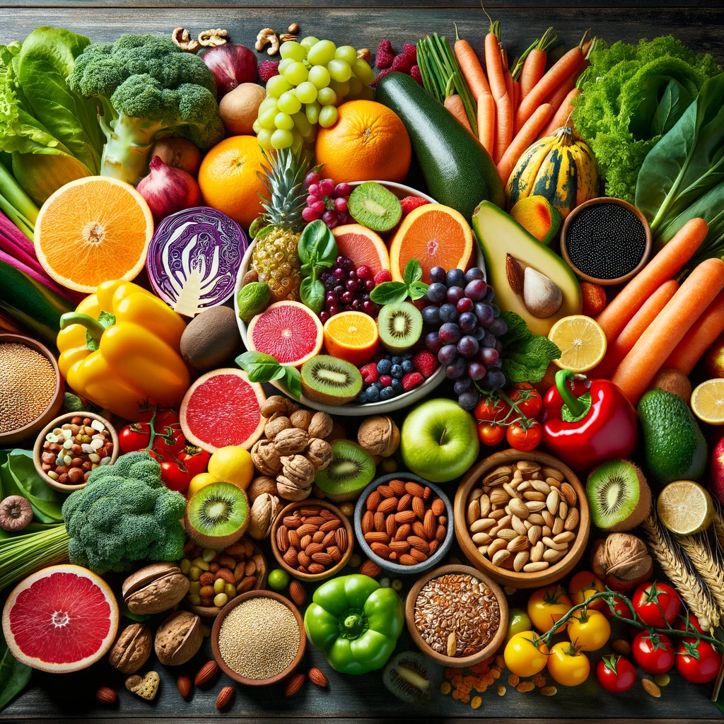 assortiment coloré de fruits, légumes, noix et céréales