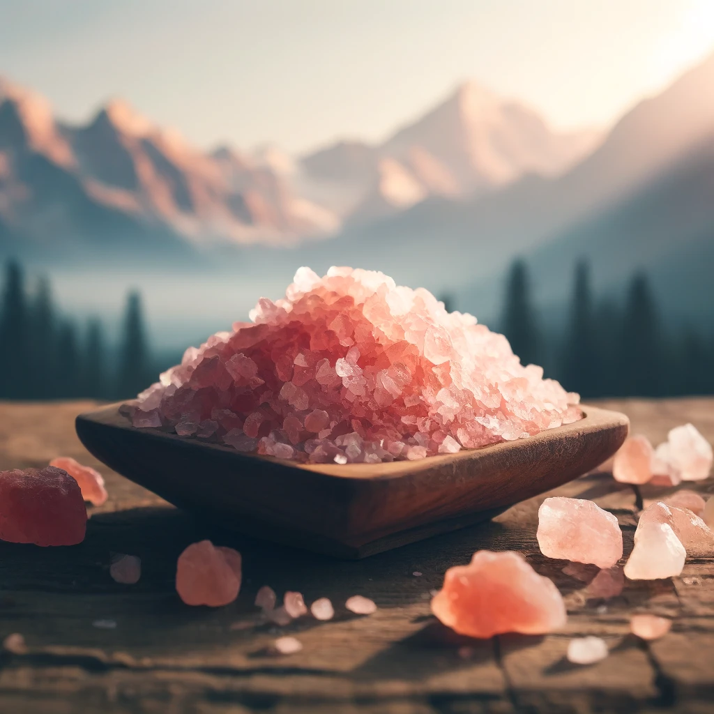 Cristaux de sel rose sur une table en bois avec montagnes floues en arrière-plan